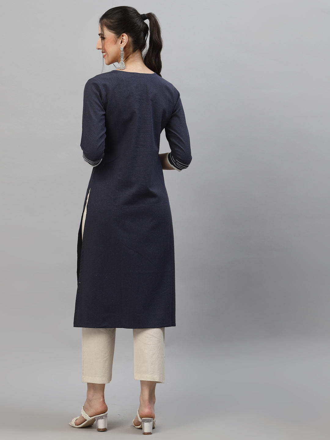 Women Navy Round Neck Flared Kurta - Kashyap Global Lifestyles LLP