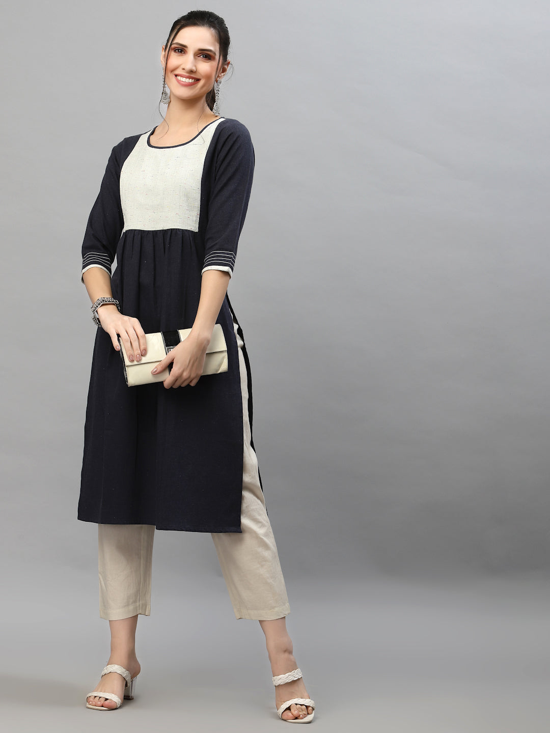 Women Navy Round Neck Flared Kurta - Kashyap Global Lifestyles LLP