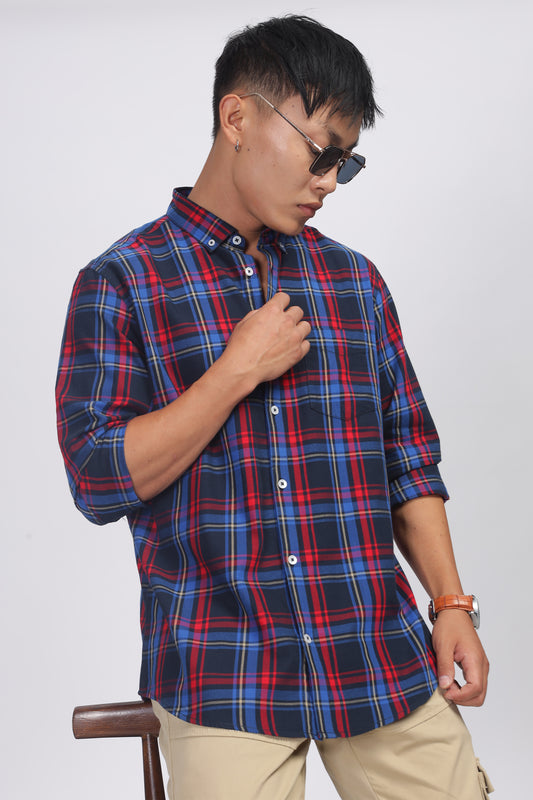 Uri Navy Checked Cotton Casual Shirt