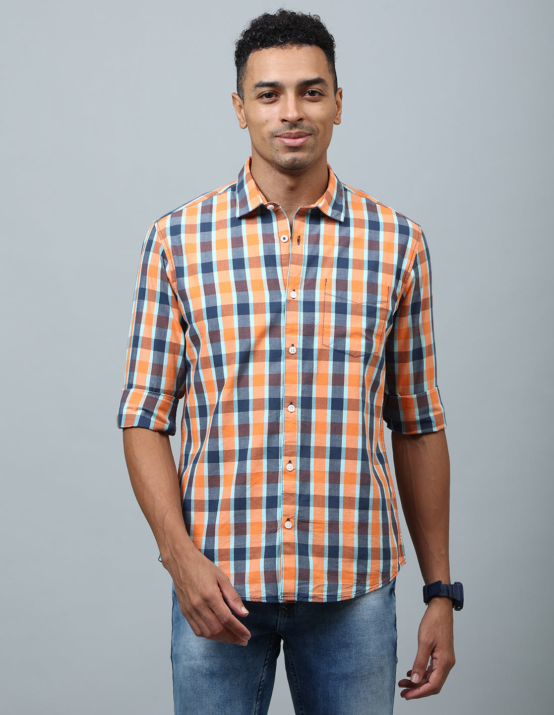 Men Orange Checked Cotton Regular Fit Casual Shirt - Kashyap Global Lifestyles LLP