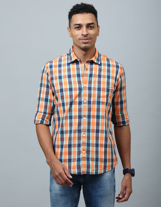 Men Orange Checked Cotton Regular Fit Casual Shirt - Kashyap Global Lifestyles LLP