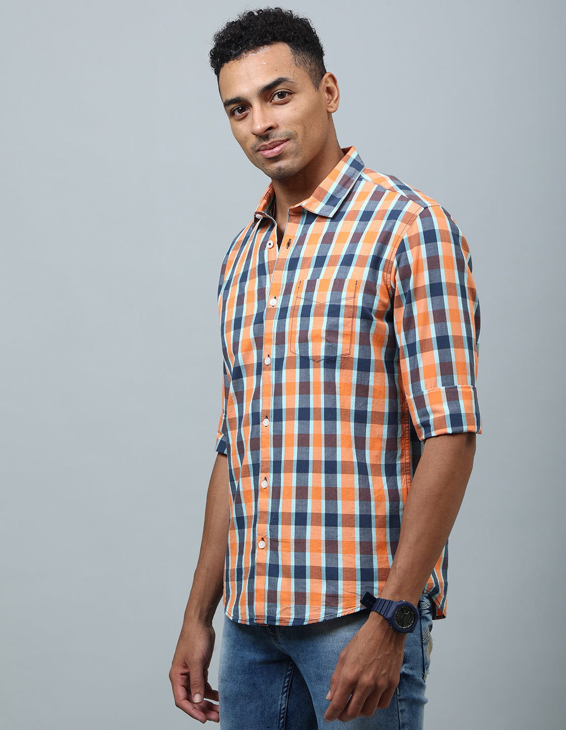 Men Orange Checked Cotton Regular Fit Casual Shirt - Kashyap Global Lifestyles LLP