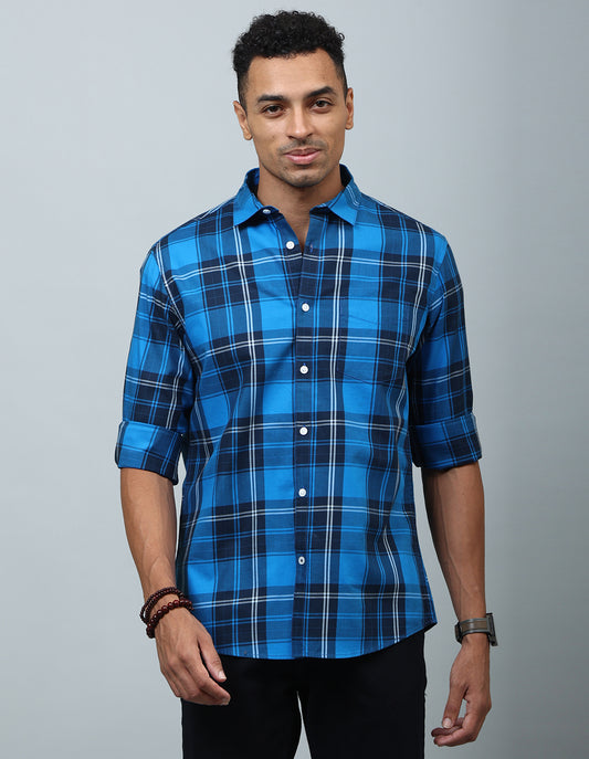 Men Dark Blue Checked Casual Shirt - Kashyap Global Lifestyles LLP