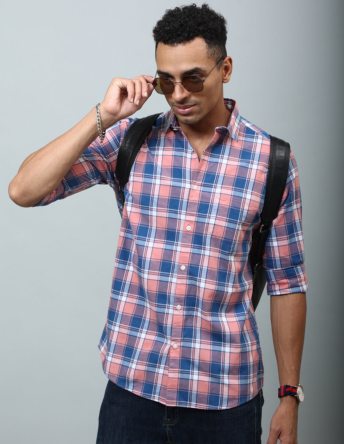 Men Peach Checked Regular Fit Casual Shirt - Kashyap Global Lifestyles LLP
