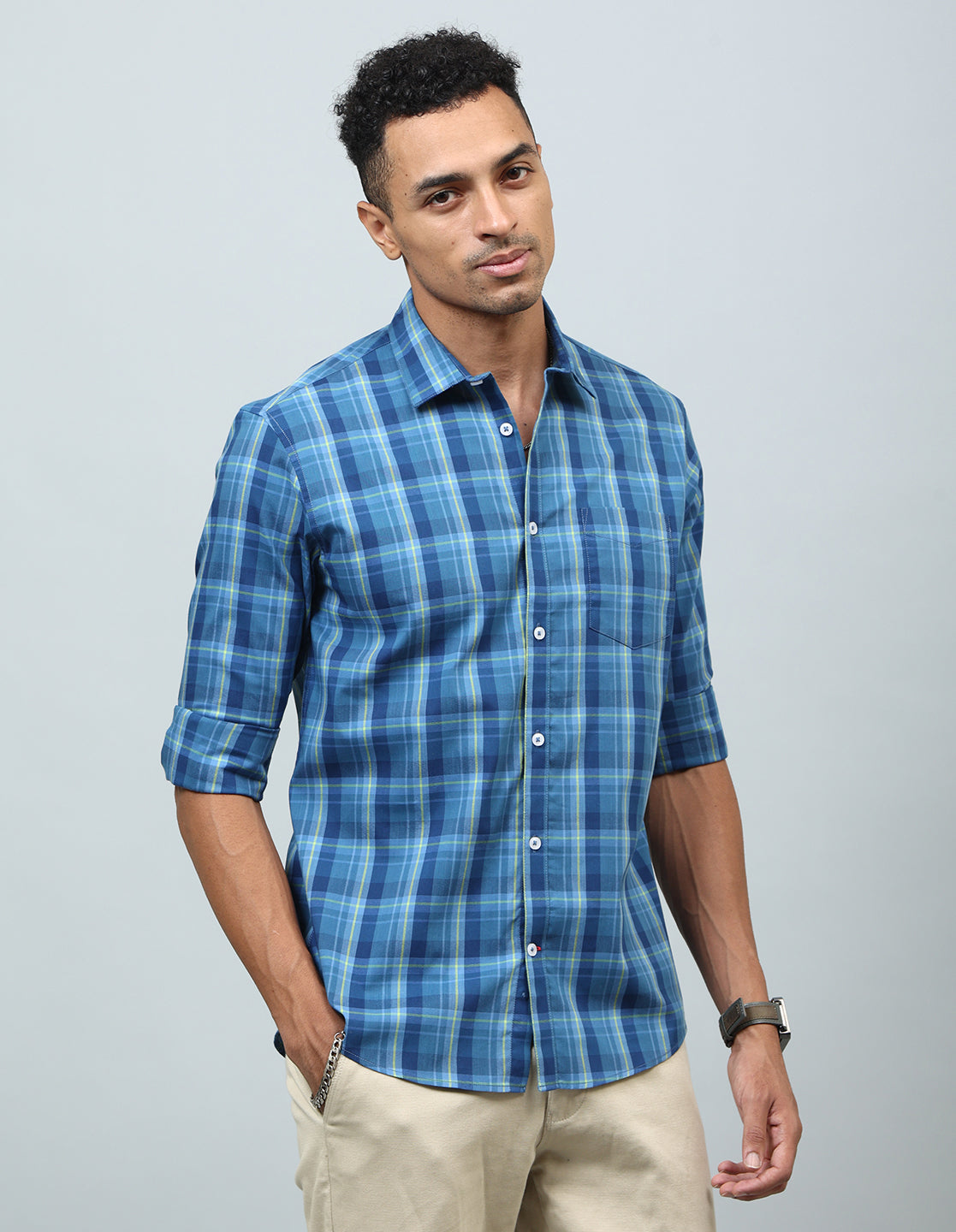 Men Blue Checked Cotton Regular Fit Casual Shirt - Kashyap Global Lifestyles LLP