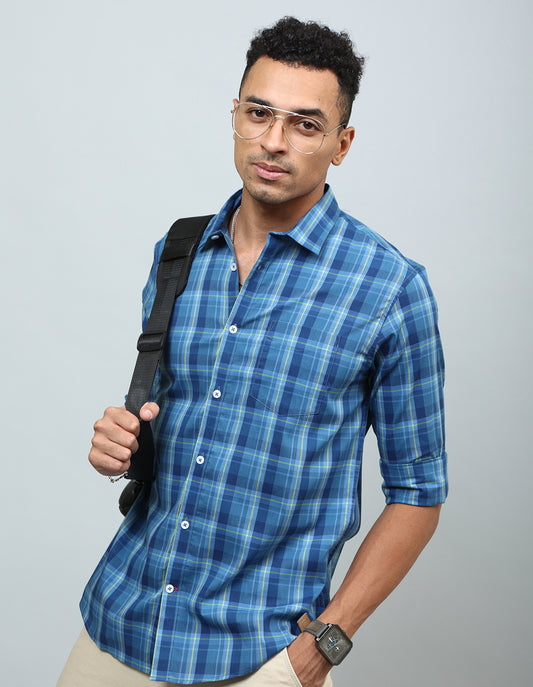 Men Blue Checked Cotton Regular Fit Casual Shirt - Kashyap Global Lifestyles LLP