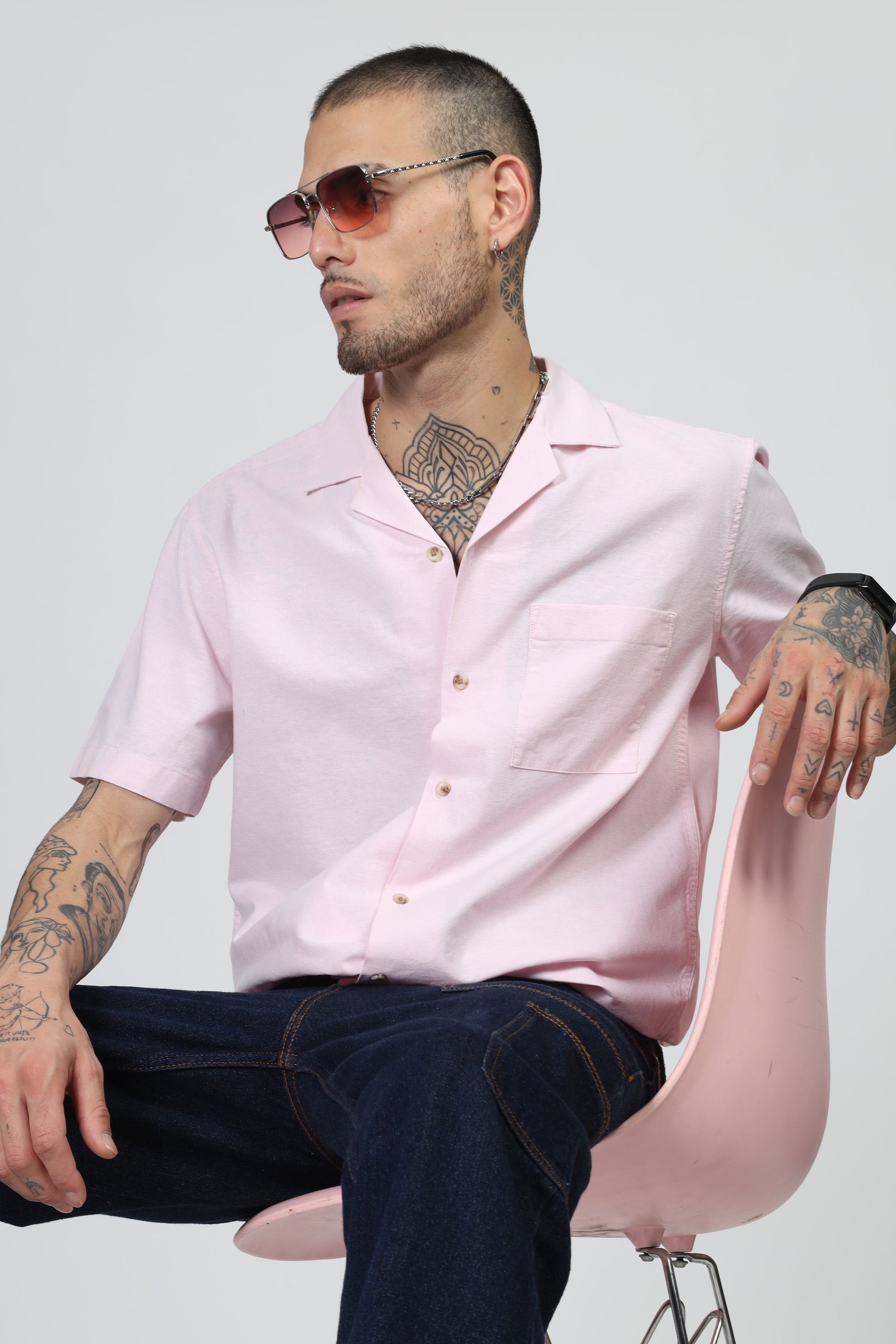 Uri Cuban Collar Pink Oxford Shirt - Kashyap Global Lifestyles LLP