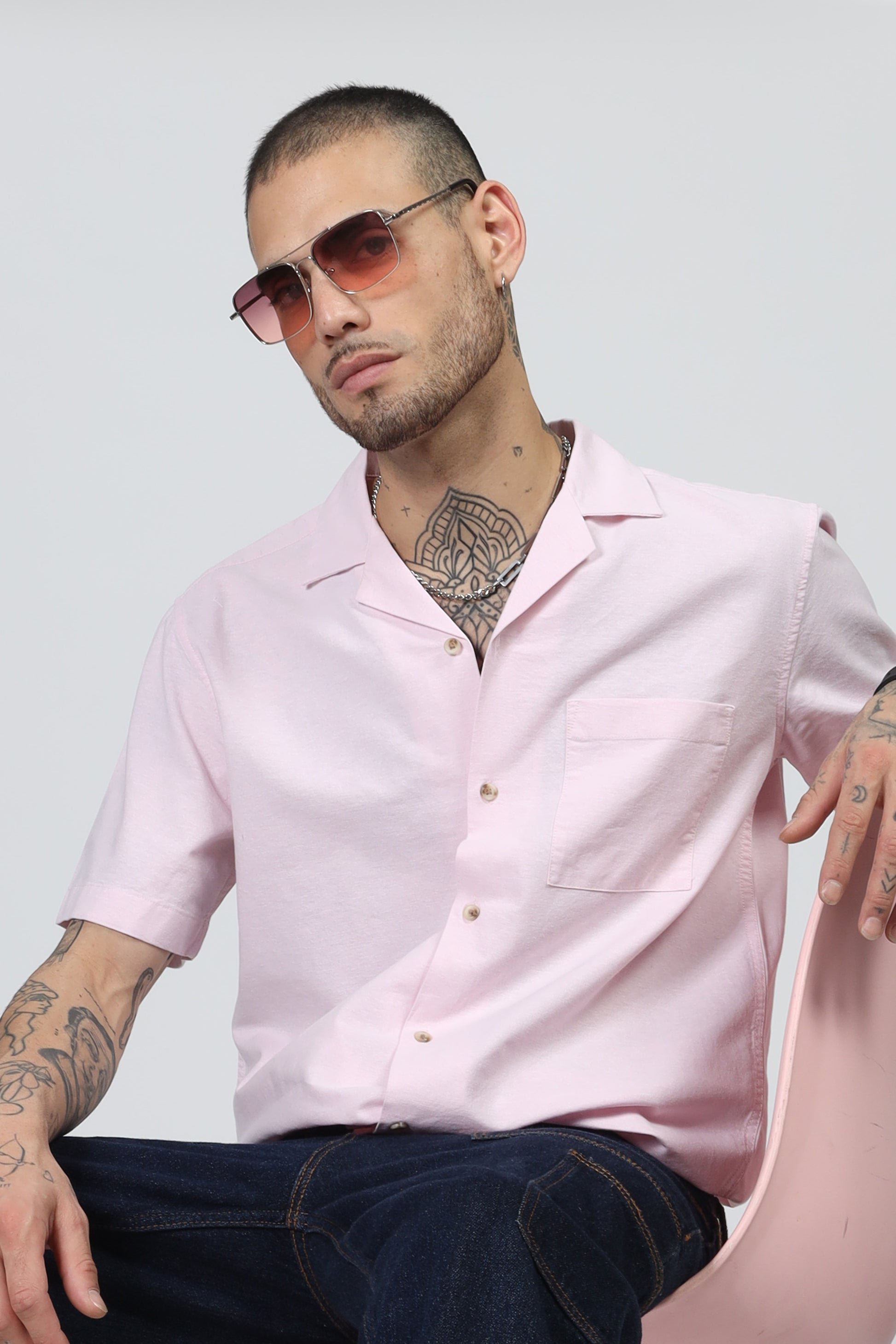 Uri Cuban Collar Pink Oxford Shirt - Kashyap Global Lifestyles LLP