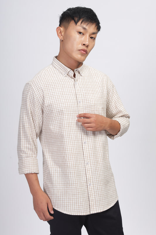 Uri Light Brown Gingham Check Cotton Shirt