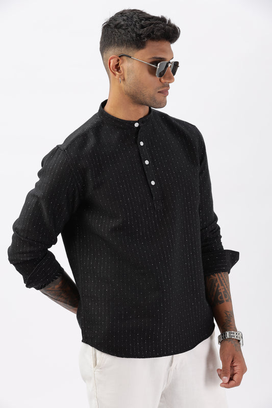 Uri Men Black Self Design Short Kurta