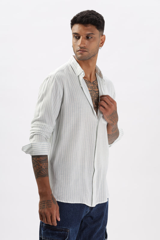 Uri White & Blue Striped Spread Collar Linen Shirt