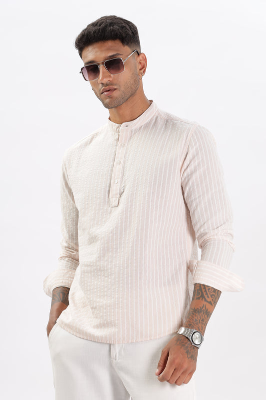 Uri Men Light Pink Seer Sucker Striped Short Kurta