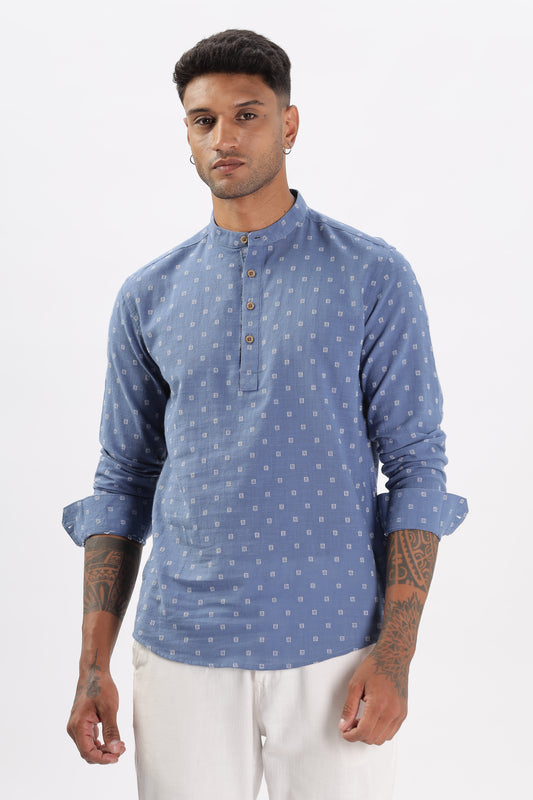 Uri Men Blue Dobby Short Kurta