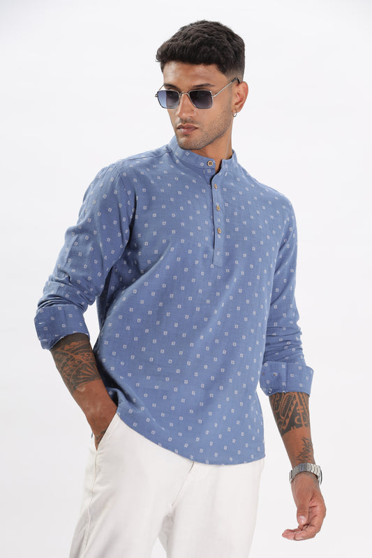 Uri Men Blue Dobby Short Kurta