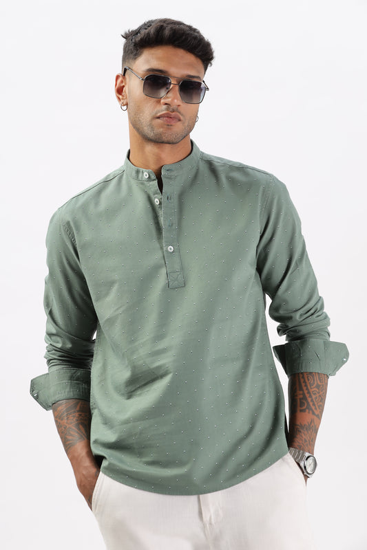 Uri Men Green Micro Print Short Kurta