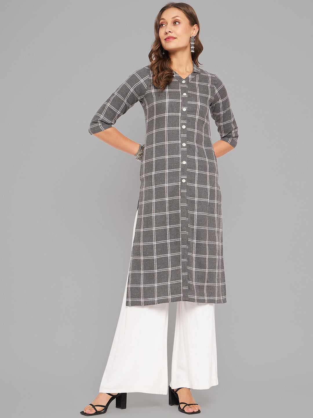 Women Grey Collar Neck Kurta - Kashyap Global Lifestyles LLP