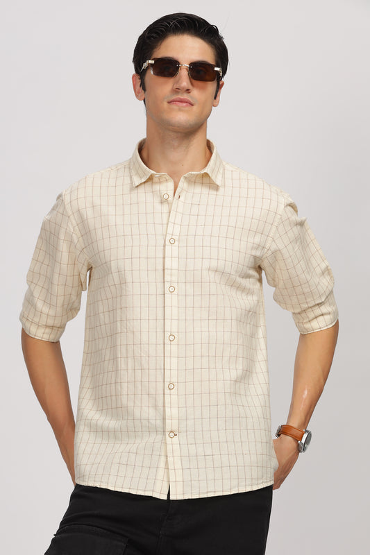 Uri Beige Linen Checked Spread Collar Shirt