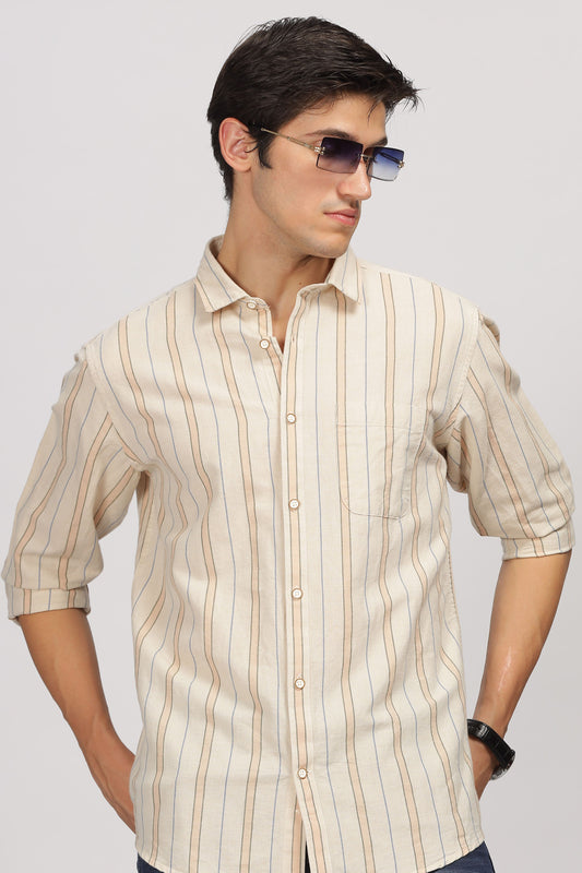 Uri Beige Linen Striped Spread Collar Shirt