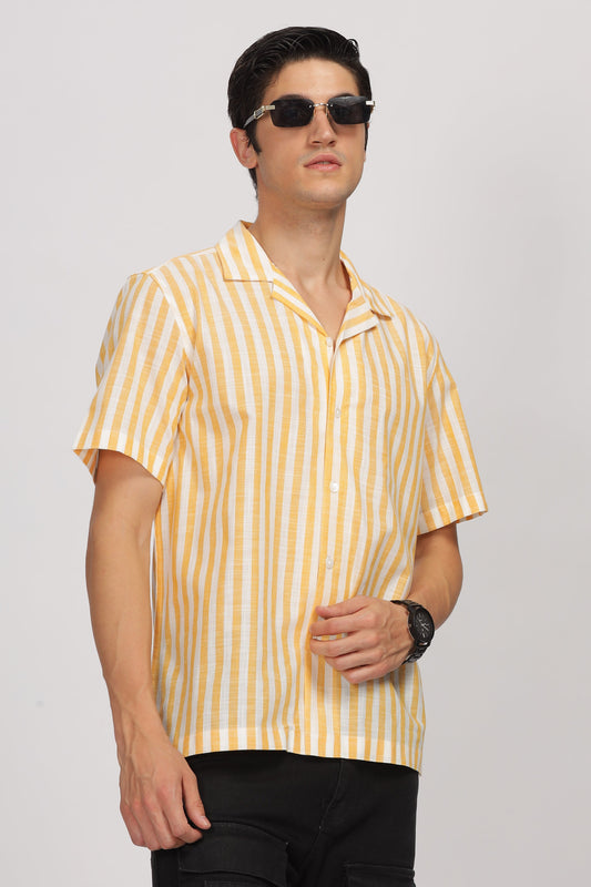 Uri Yellow Striped Cuban Collar Shirt - Kashyap Global Lifestyles LLP