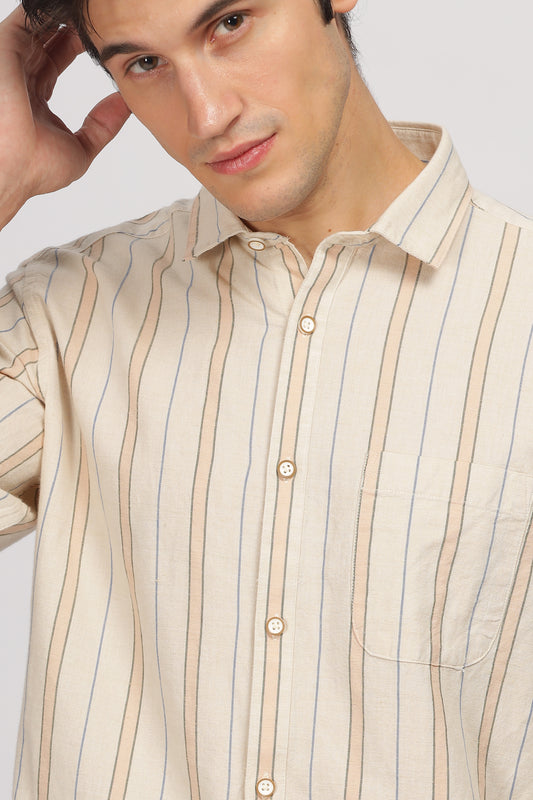 Uri Beige Linen Striped Spread Collar Shirt