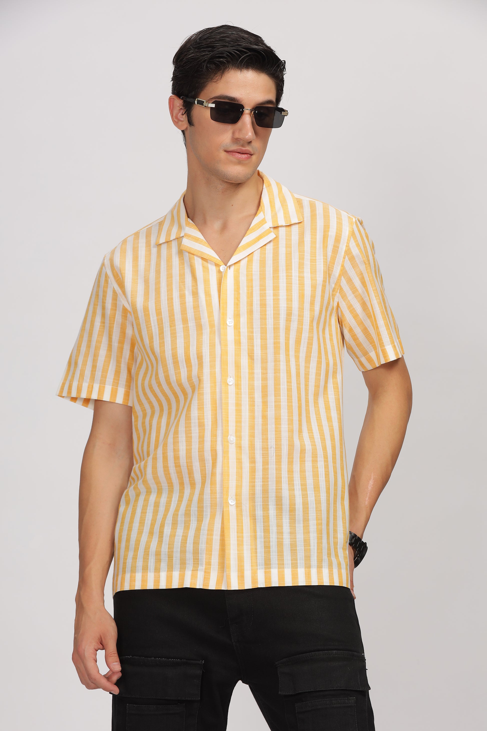 Uri Yellow Striped Cuban Collar Shirt - Kashyap Global Lifestyles LLP