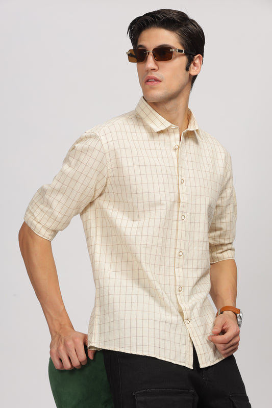 Uri Beige Linen Checked Spread Collar Shirt