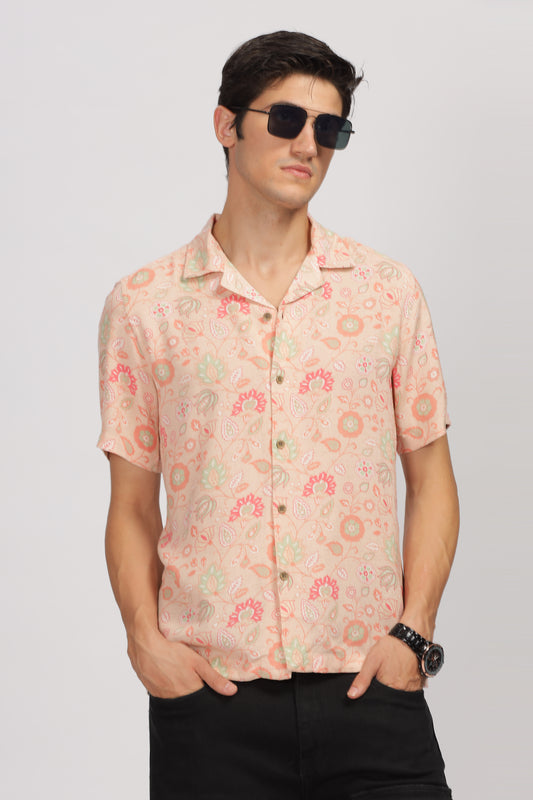 Uri Peach Printed Cuban Collar Shirt - Kashyap Global Lifestyles LLP