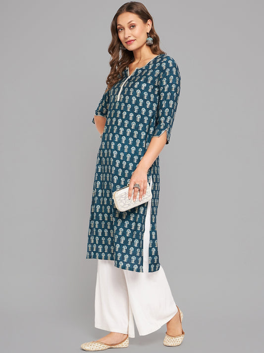 Women Blue Printed Kurta With Lace - Kashyap Global Lifestyles LLP