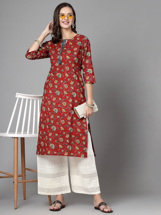 Women Red Floral Printed Tie-Up Neck Kurta - Kashyap Global Lifestyles LLP