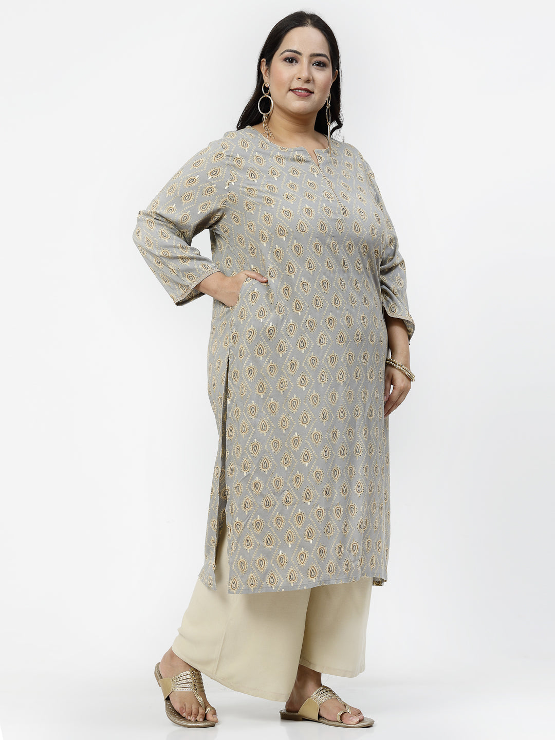 Women Plus Size Grey Ethnic Motifs Printed Kurta With Piping - Kashyap Global Lifestyles LLP