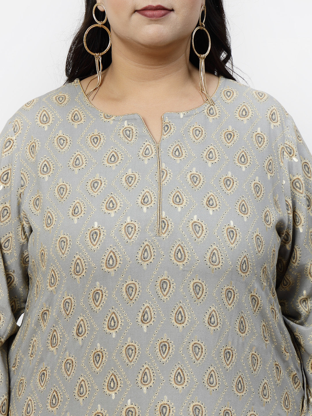 Women Plus Size Grey Ethnic Motifs Printed Kurta With Piping - Kashyap Global Lifestyles LLP