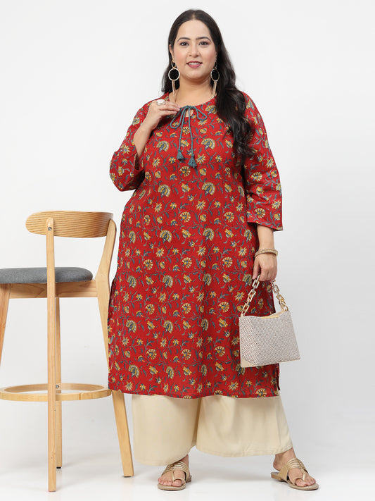 Women Plus Size Red Floral Printed Tie-Up Neck Kurta - Kashyap Global Lifestyles LLP