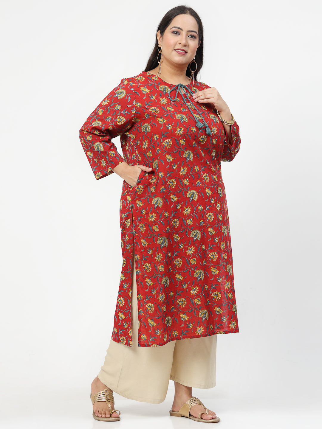 Women Plus Size Red Floral Printed Tie-Up Neck Kurta - Kashyap Global Lifestyles LLP