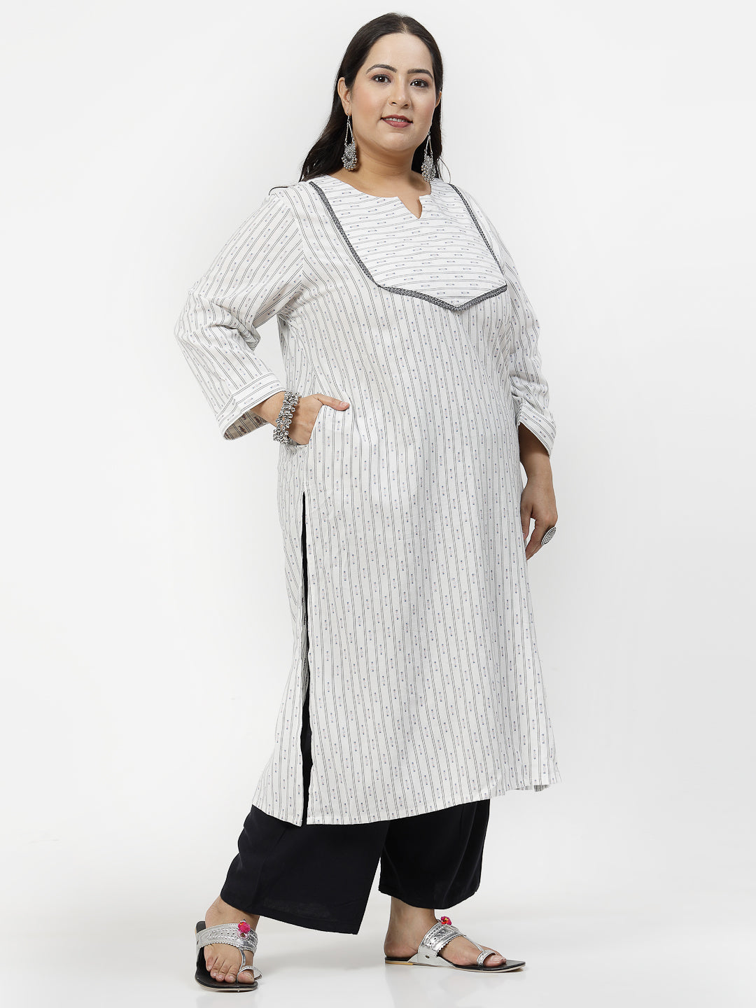Women Plus Size Off White Cotton Dobby Kurta - Kashyap Global Lifestyles LLP
