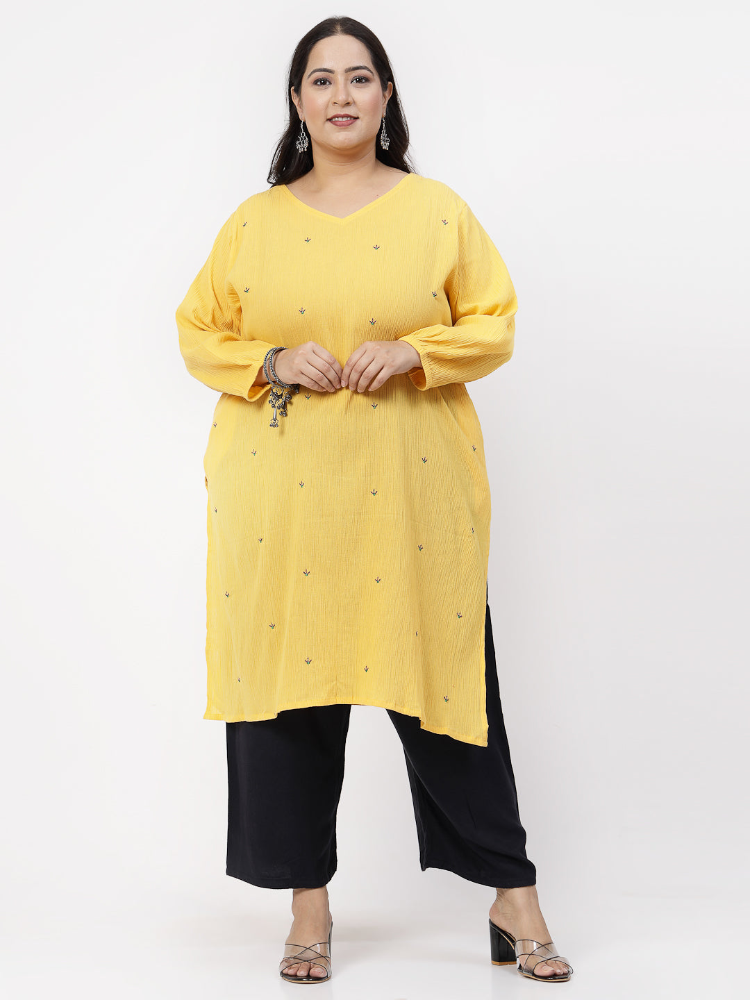 Women Plus Size Mustard Kurta With Embroidered Front - Kashyap Global Lifestyles LLP