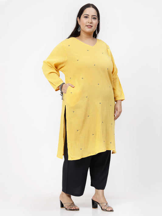 Women Plus Size Mustard Kurta With Embroidered Front - Kashyap Global Lifestyles LLP