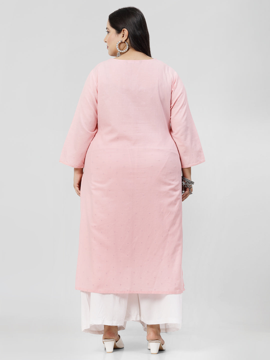 Women Pink Plus Size Swiss-Dot Kurta With Lace - Kashyap Global Lifestyles LLP