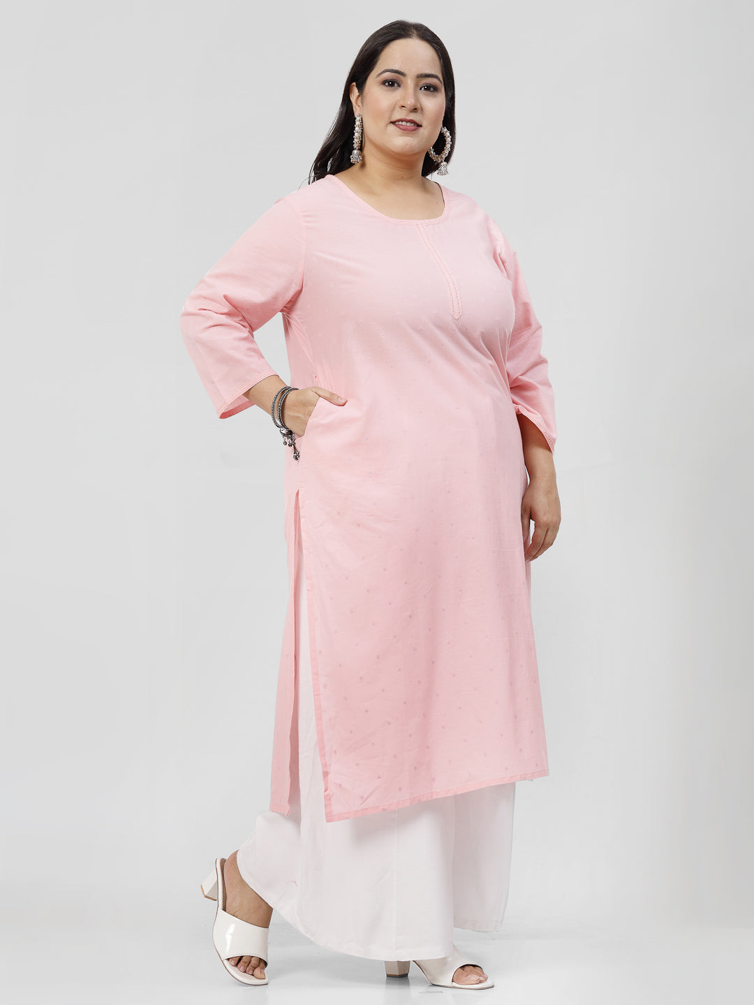 Women Pink Plus Size Swiss-Dot Kurta With Lace - Kashyap Global Lifestyles LLP