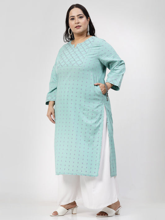 Women Plus Size Sea Green Kurta With Embroidered Yoke - Kashyap Global Lifestyles LLP