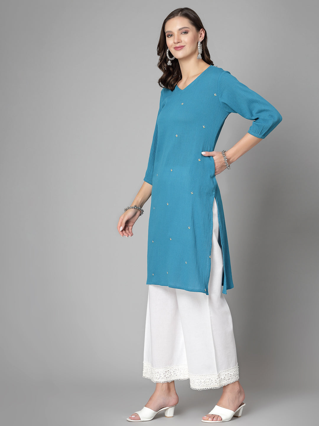 Women Blue Kurta With Embroidered Front - Kashyap Global Lifestyles LLP