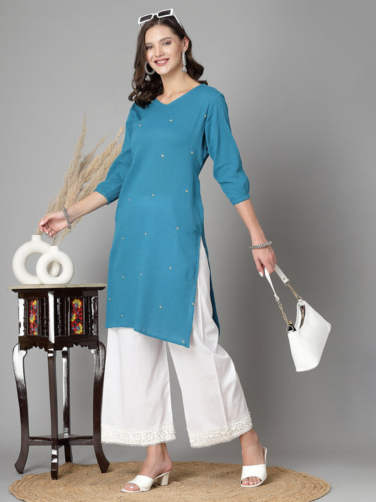 Women Blue Kurta With Embroidered Front - Kashyap Global Lifestyles LLP