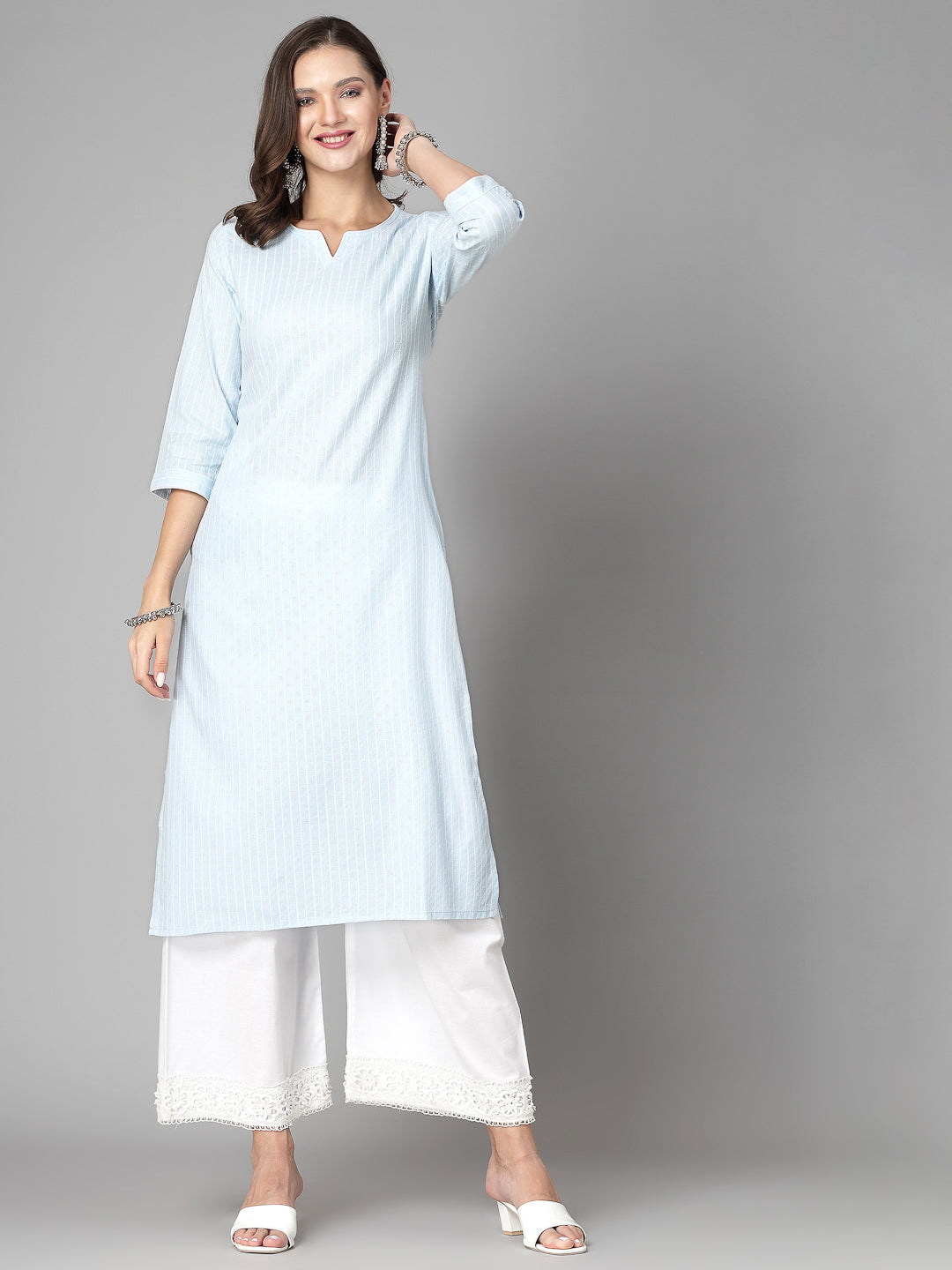 Women Sky Blue Striped Yarn-Dyed Kurta - Kashyap Global Lifestyles LLP