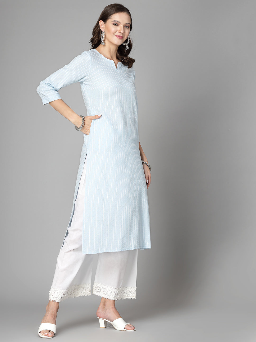 Women Sky Blue Striped Yarn-Dyed Kurta - Kashyap Global Lifestyles LLP