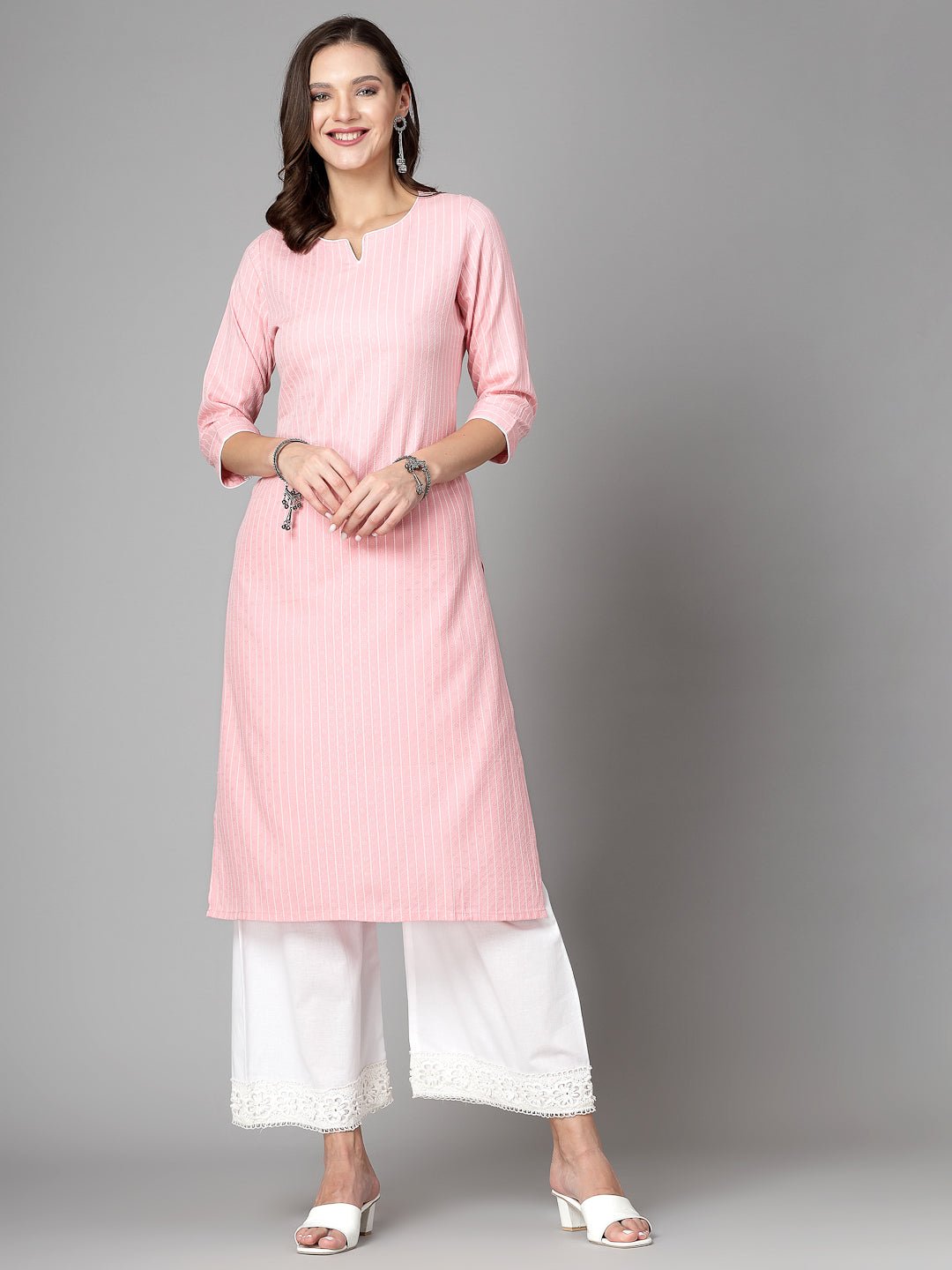 Women Baby Pink Striped Yarn-Dyed Kurta - Kashyap Global Lifestyles LLP