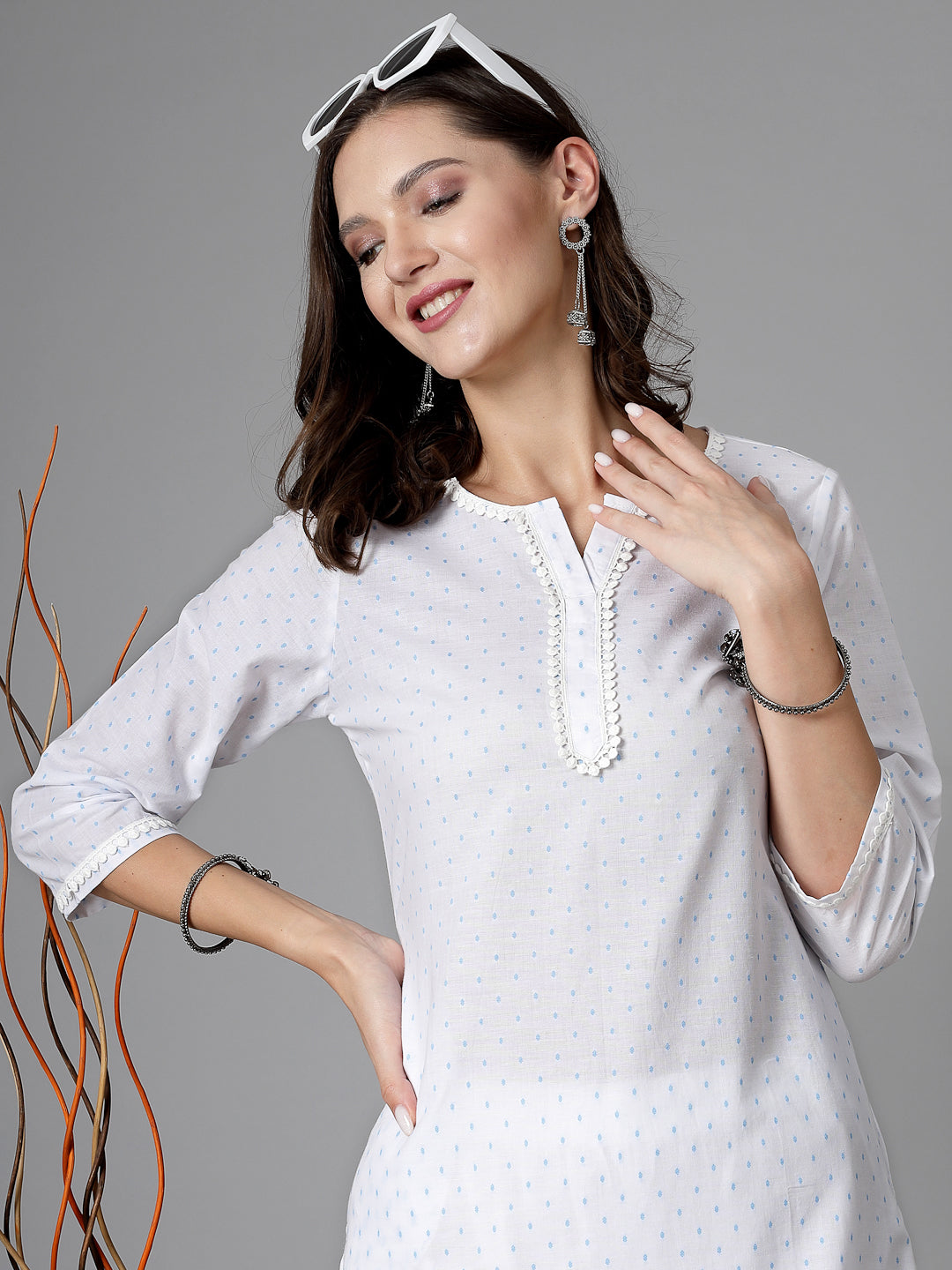 Women White Swiss-Dot Kurta With Lace - Kashyap Global Lifestyles LLP