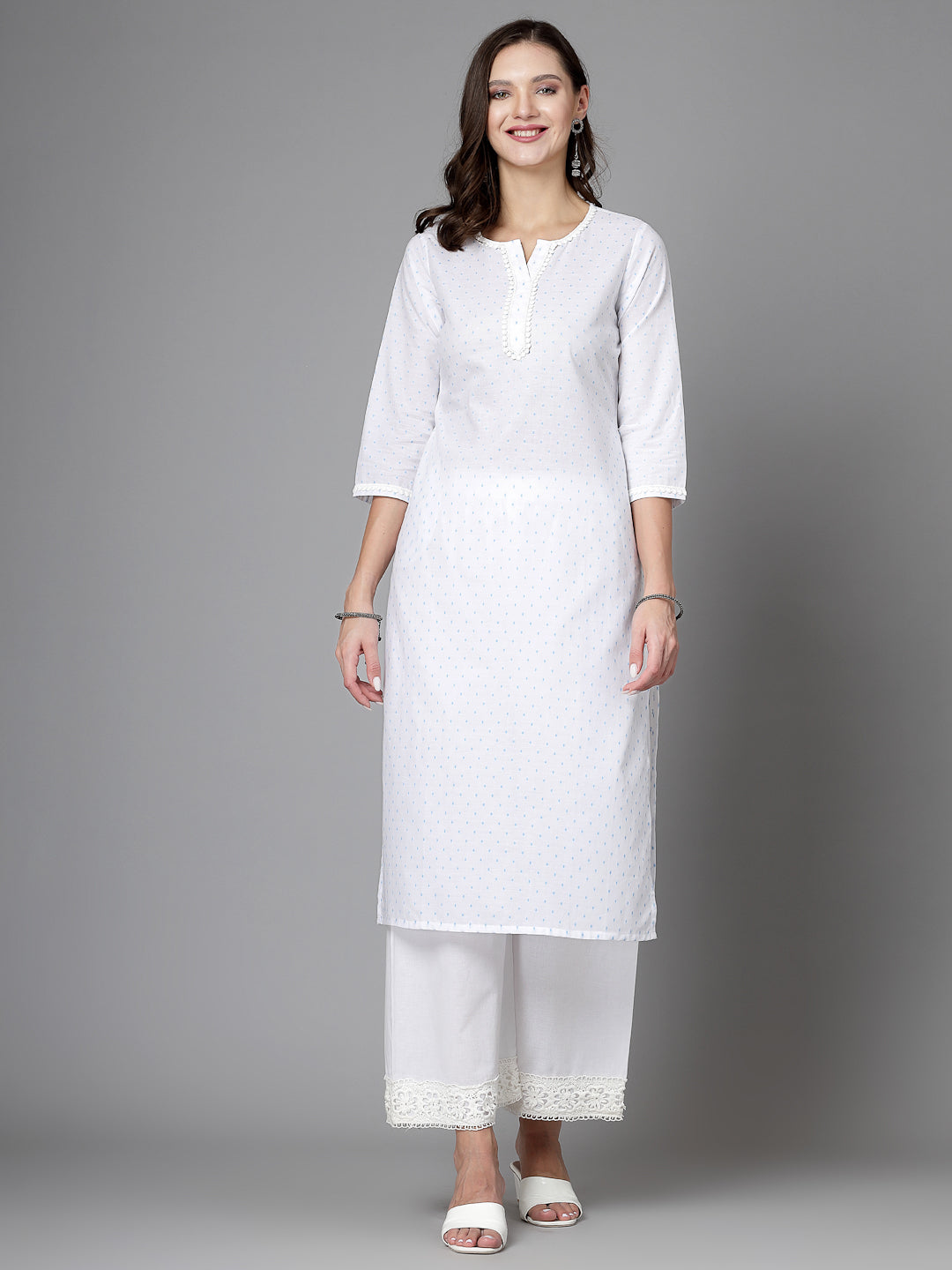 Women White Swiss-Dot Kurta With Lace - Kashyap Global Lifestyles LLP