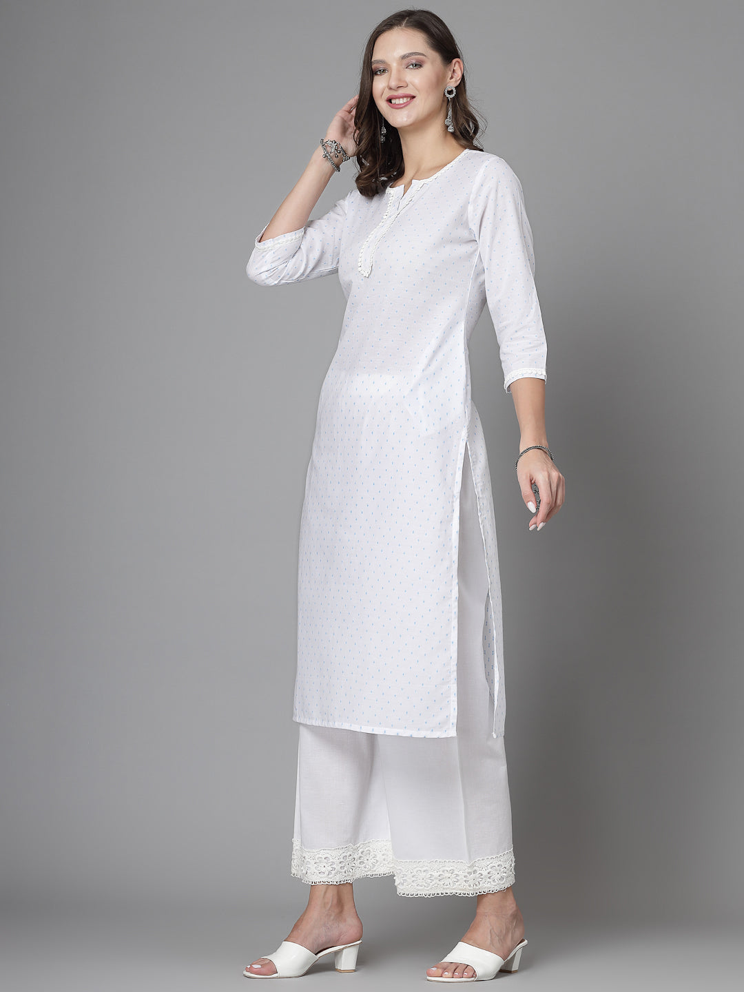 Women White Swiss-Dot Kurta With Lace - Kashyap Global Lifestyles LLP