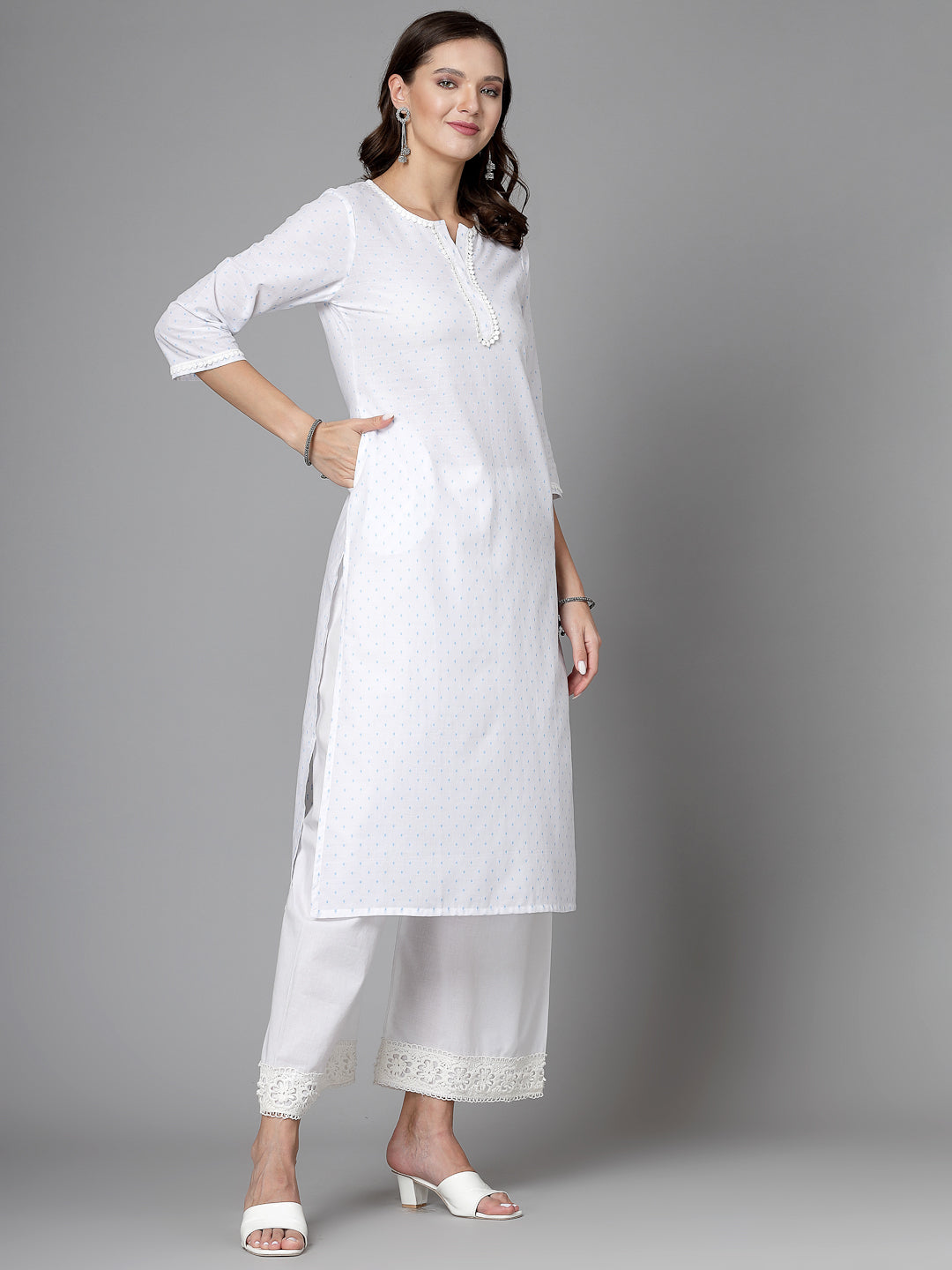 Women White Swiss-Dot Kurta With Lace - Kashyap Global Lifestyles LLP