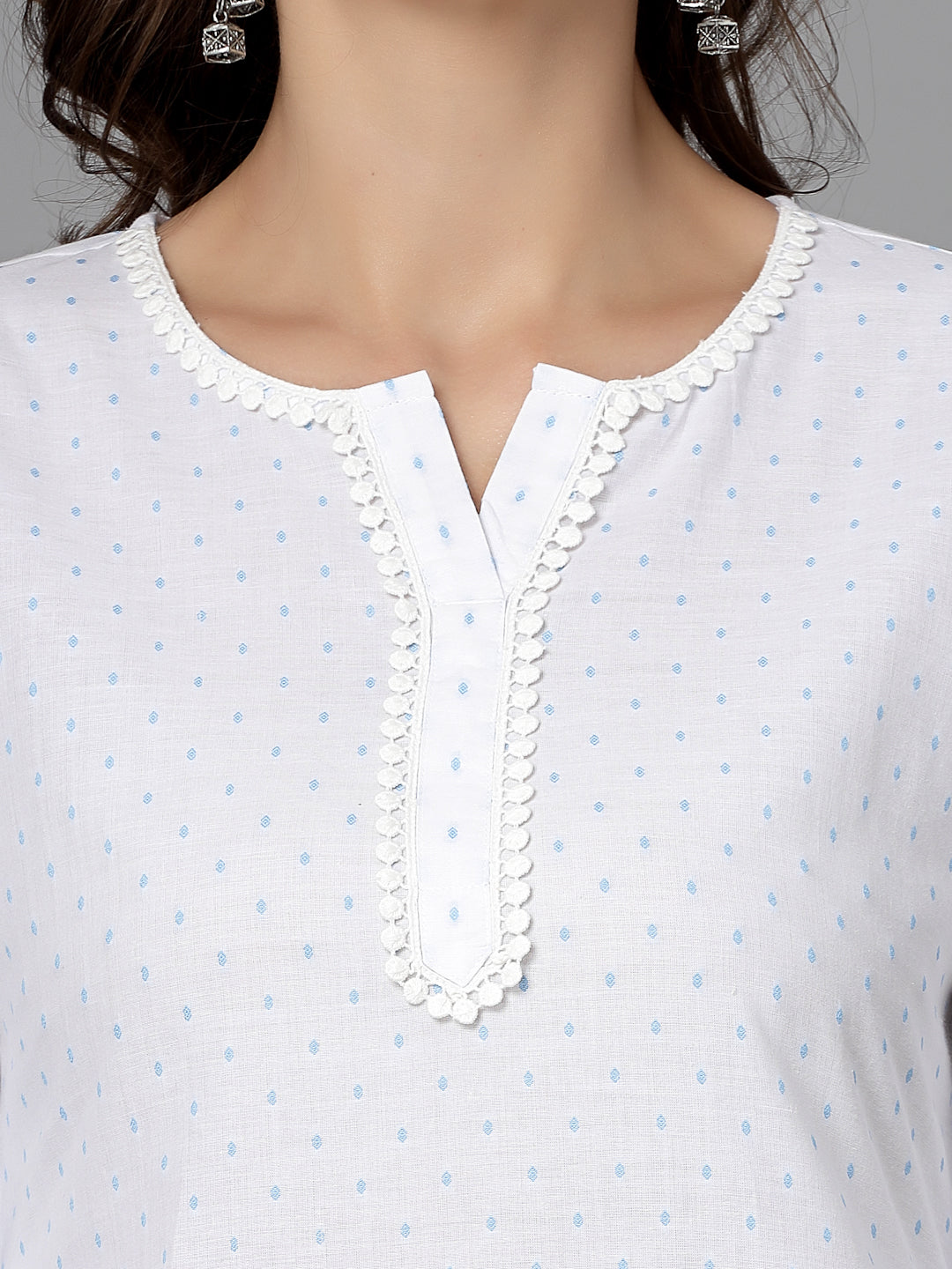 Women White Swiss-Dot Kurta With Lace - Kashyap Global Lifestyles LLP