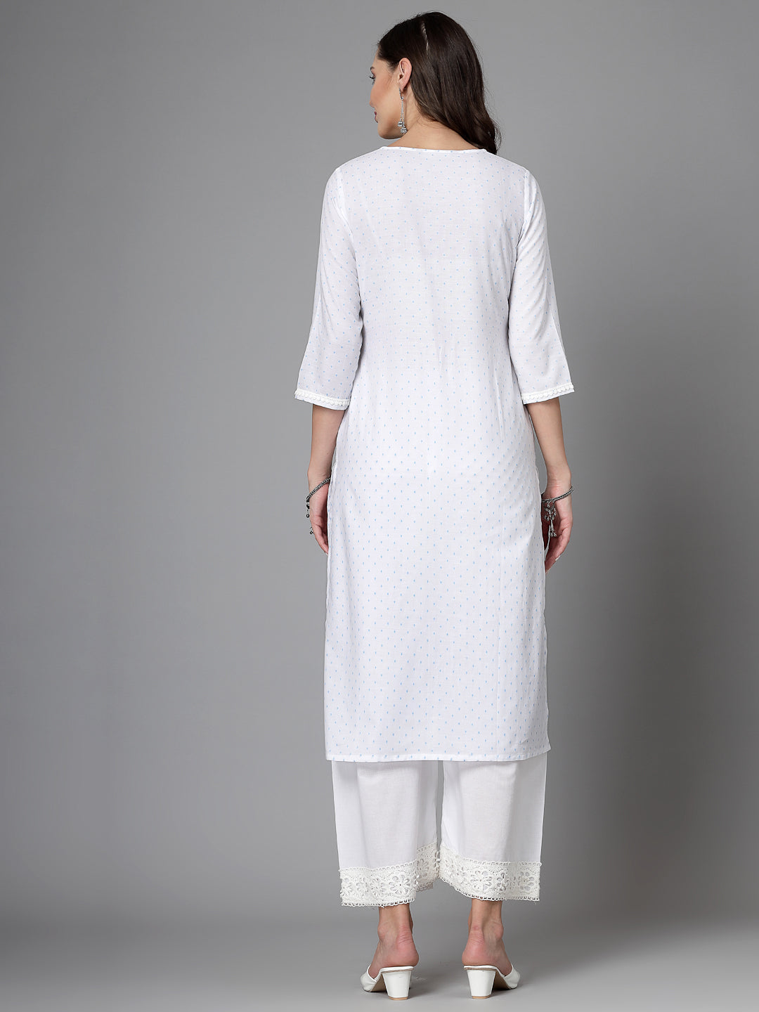 Women White Swiss-Dot Kurta With Lace - Kashyap Global Lifestyles LLP